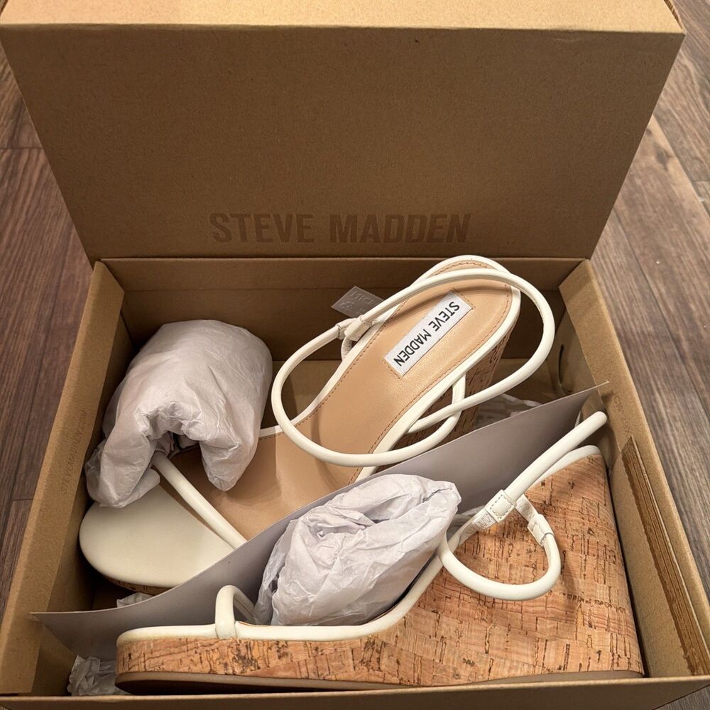 Steve Madden Udell White Leather Cork Wedge Heels Size 11